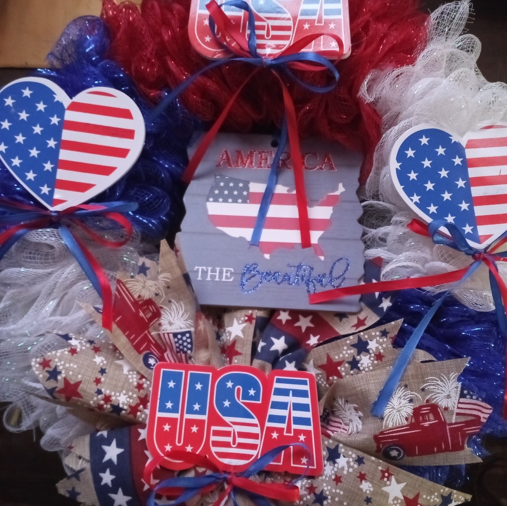 Beautiful hand made deco mesh patriotic wreath